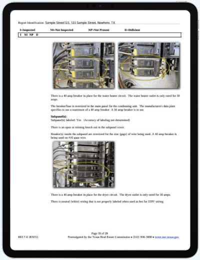 Sample inspection report page documenting electrical panel and breaker findings